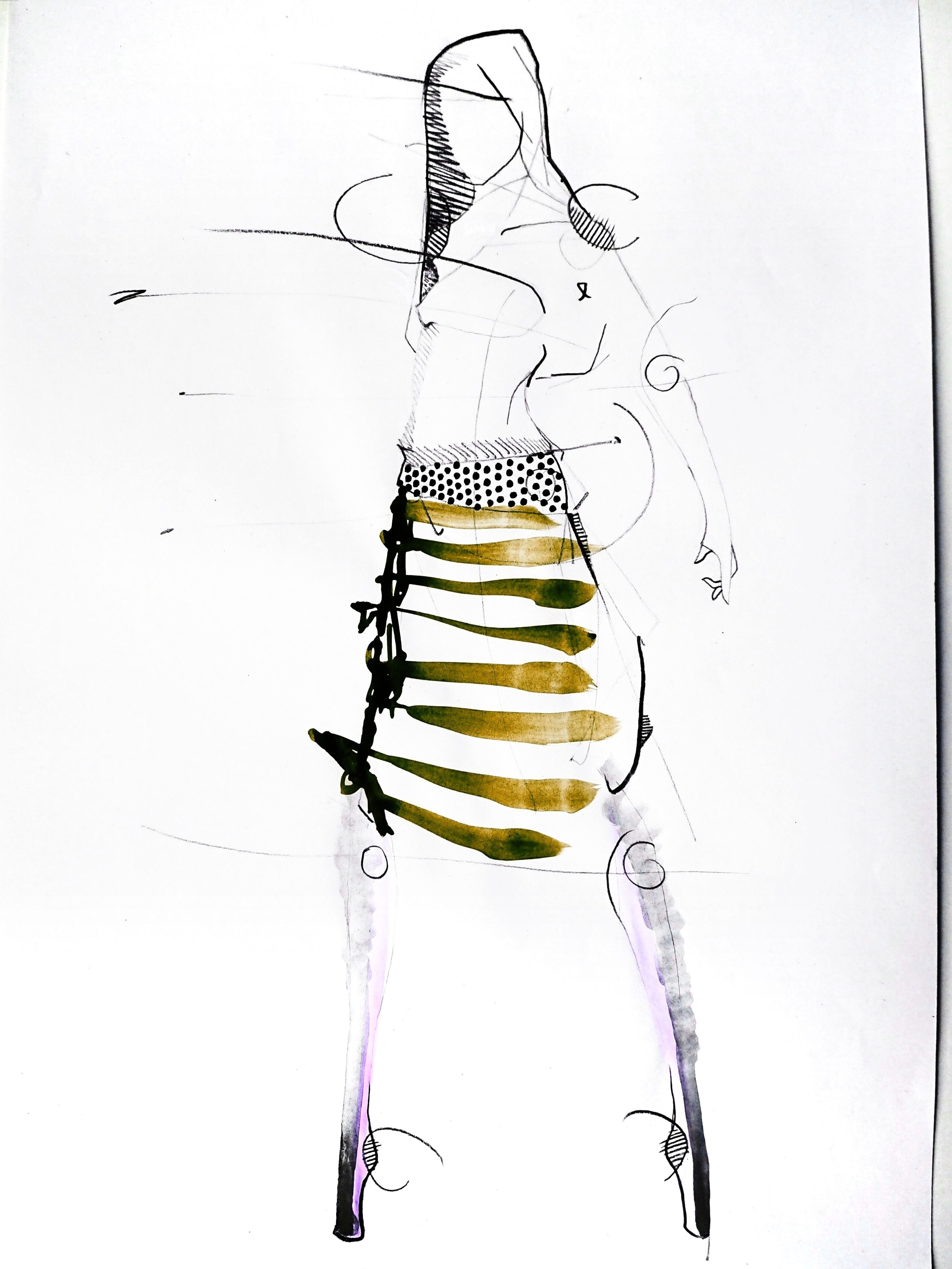 Modefigurine im Rock und Strumpfhose, Modezeichnung auf A4